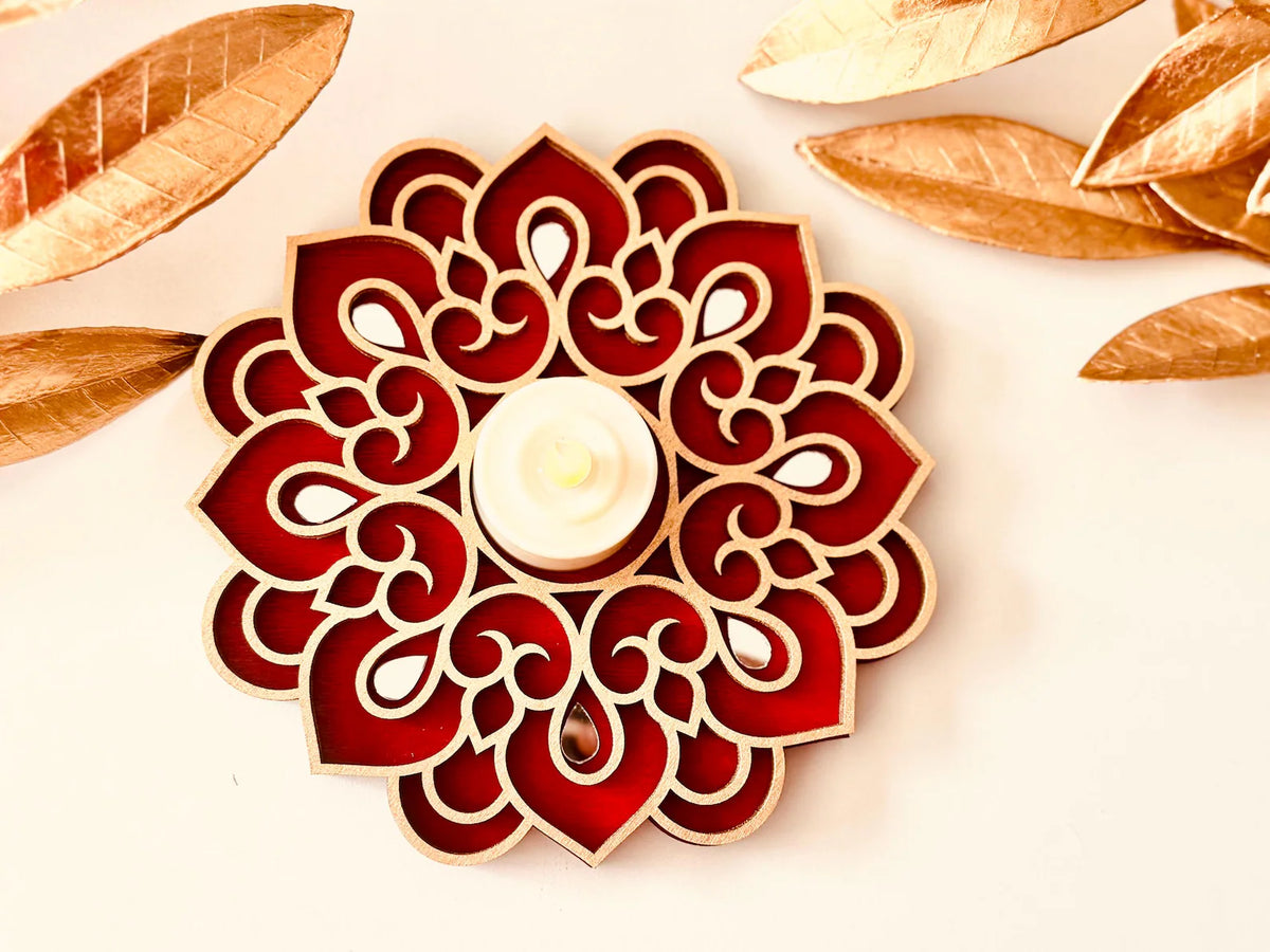 Handcrafted Floral Diwali Diya – Mirror Embellished Wooden Tealight Holder | Diwali Decor, Gifts & Favors