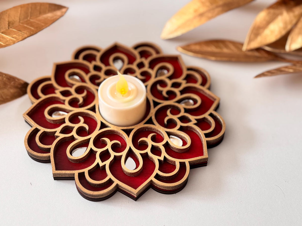Handcrafted Floral Diwali Diya – Mirror Embellished Wooden Tealight Holder | Diwali Decor, Gifts & Favors