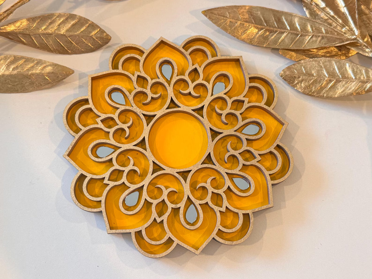 Handcrafted Floral Diwali Diya – Mirror Embellished Wooden Tealight Holder | Diwali Decor, Gifts & Favors
