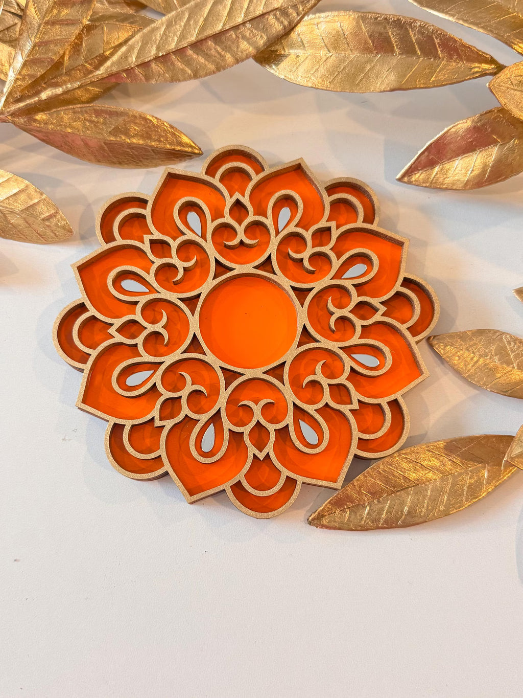 Handcrafted Floral Diwali Diya – Mirror Embellished Wooden Tealight Holder | Diwali Decor, Gifts & Favors